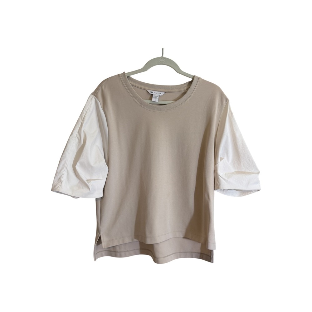 Athleta Harlow‎ Hybrid Tee Shirt M Beige White Puff Sleeve Crew Neck Casual